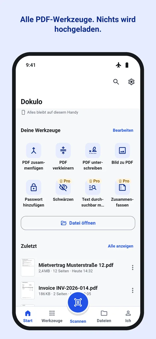 Der Tab Werkzeuge in Dokulo, wo Smart teilen zwei Tipps entfernt ist