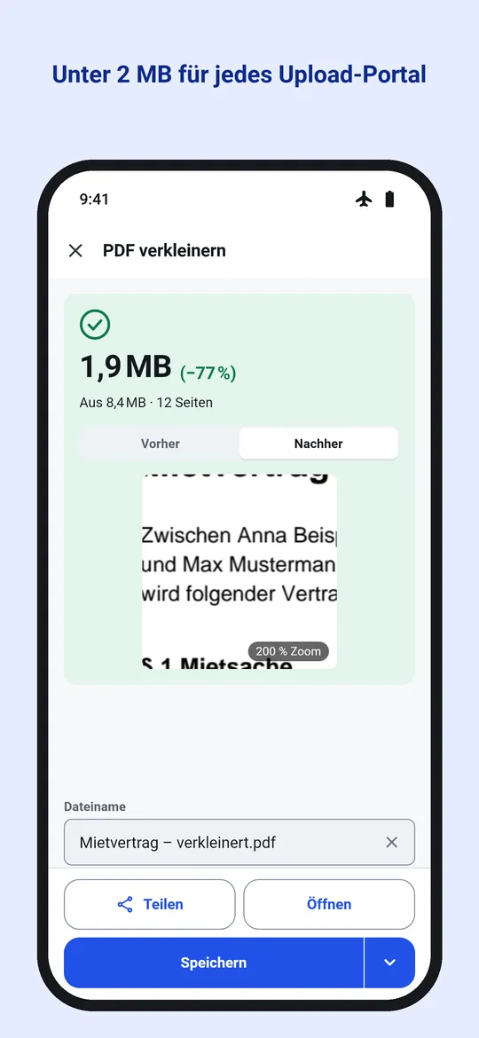 Ergebnis von PDF verkleinern in Dokulo: 1,9 MB, minus 77 Prozent, von 8,4 MB und 12 Seiten, mit Teilen, Öffnen und Speichern