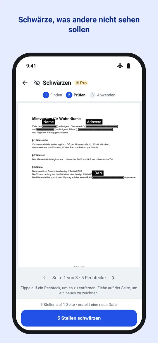 Schwärzen in Dokulo: gefundene IBAN, E-Mail und Telefonnummer, zum Entfernen umrahmt