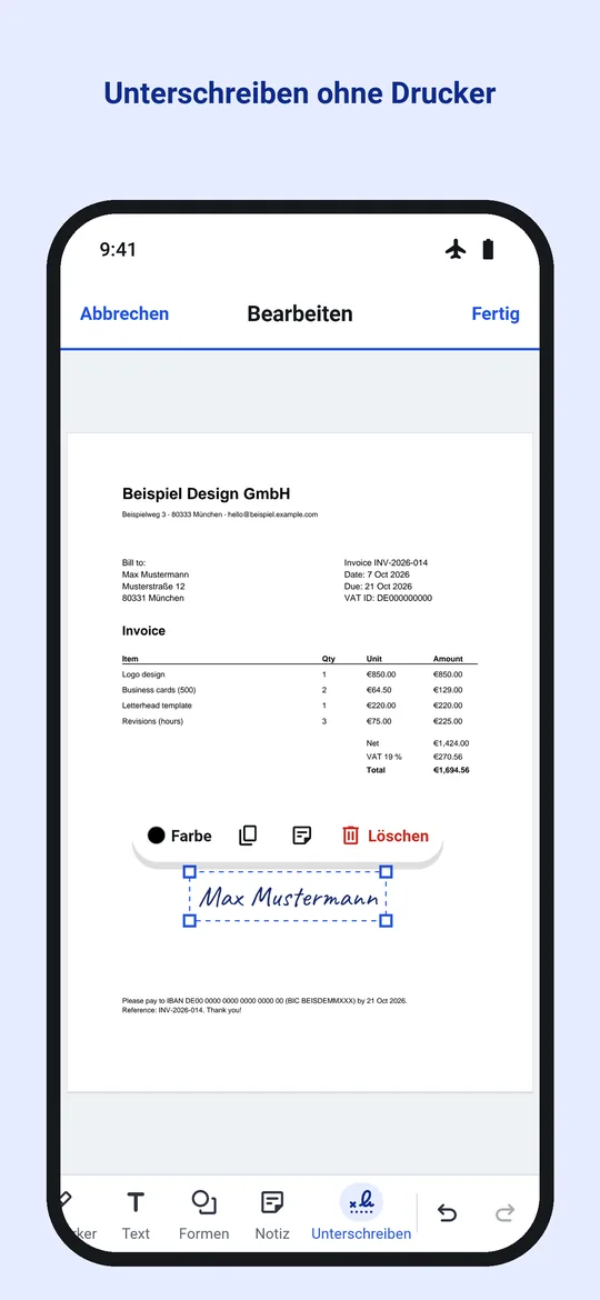 Eine PDF in Dokulo unterschreiben: die Unterschrift auf der Seite, mit dem Datum daneben