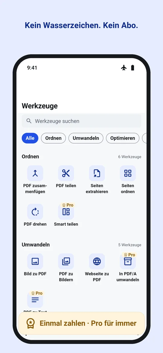 Dokulos Werkzeuge mit Pro-Abzeichen bei Smart teilen und In PDF/A umwandeln, und eine Karte: Einmal zahlen, Pro für immer