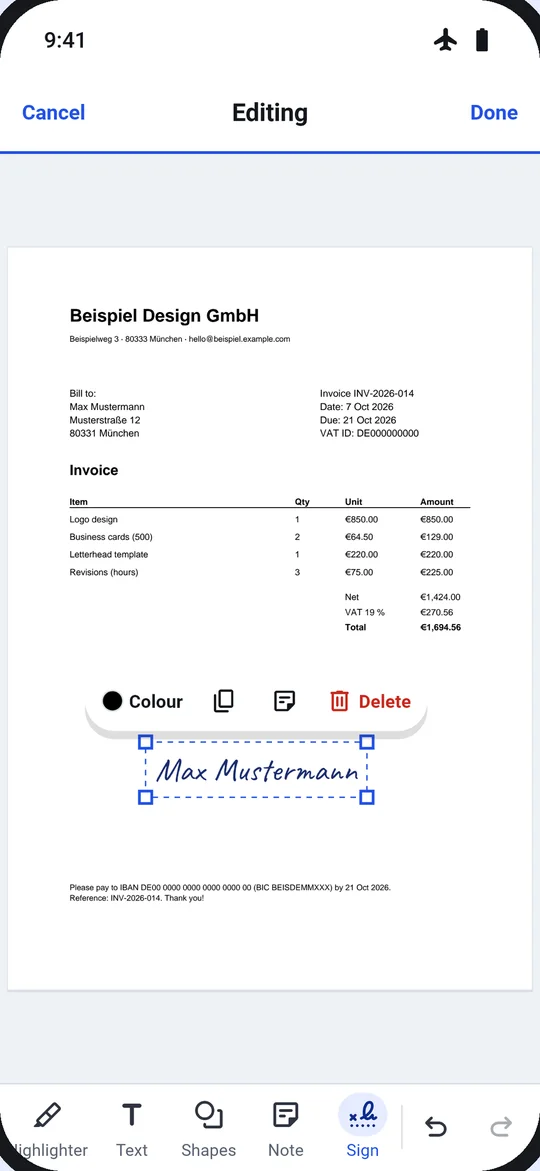 Signing a PDF in Dokulo: the signature placed on the page, with the date beside it