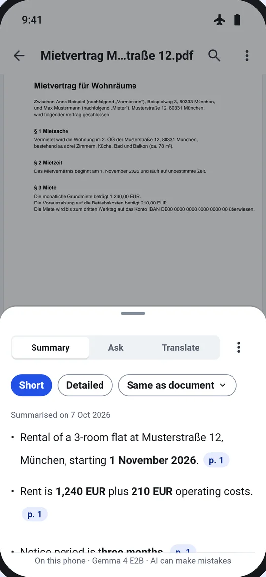 The AI panel in Dokulo: a summary in bullets, each with the page it comes from