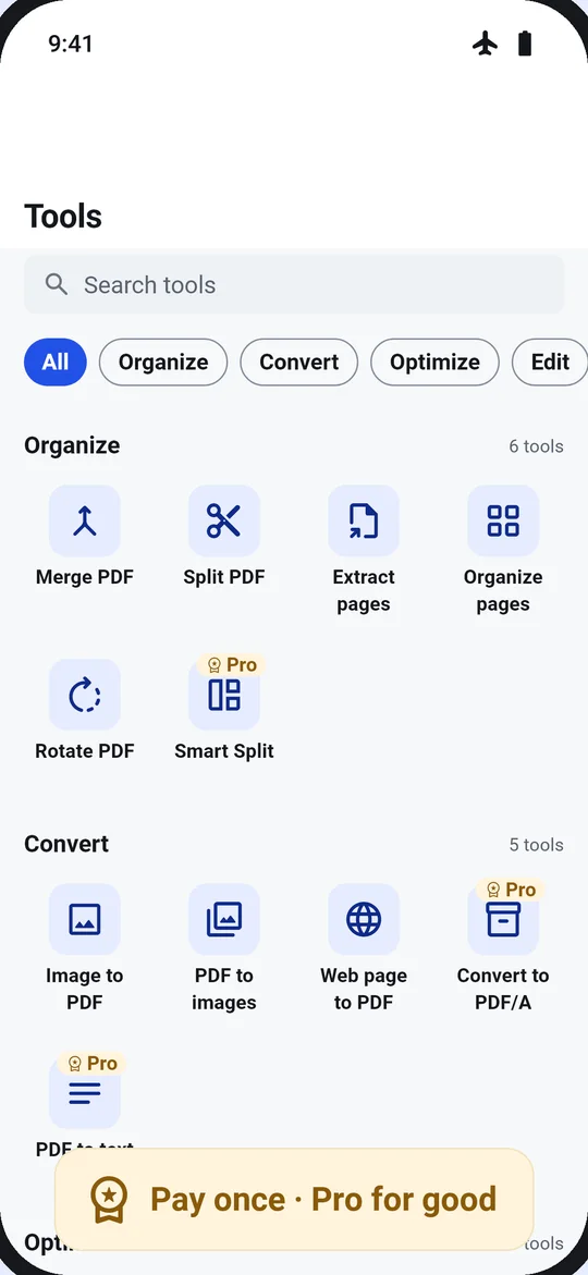 Dokulo Tools screen with Pro badges on Smart Split and Convert to PDF/A, and a card reading Pay once, Pro for good